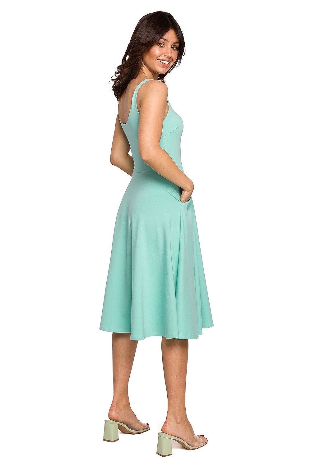 Wavy Flared Dress with Thin Shoulder Straps and Pockets