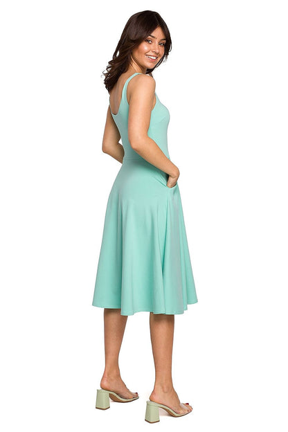 Wavy Flared Dress with Thin Shoulder Straps and Pockets