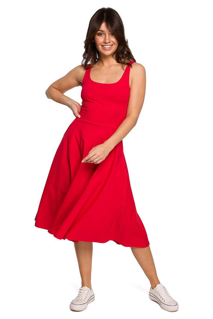 Wavy Flared Dress with Thin Shoulder Straps and Pockets