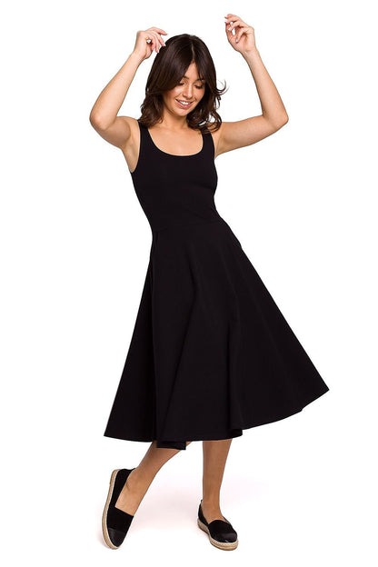 Wavy Flared Dress with Thin Shoulder Straps and Pockets