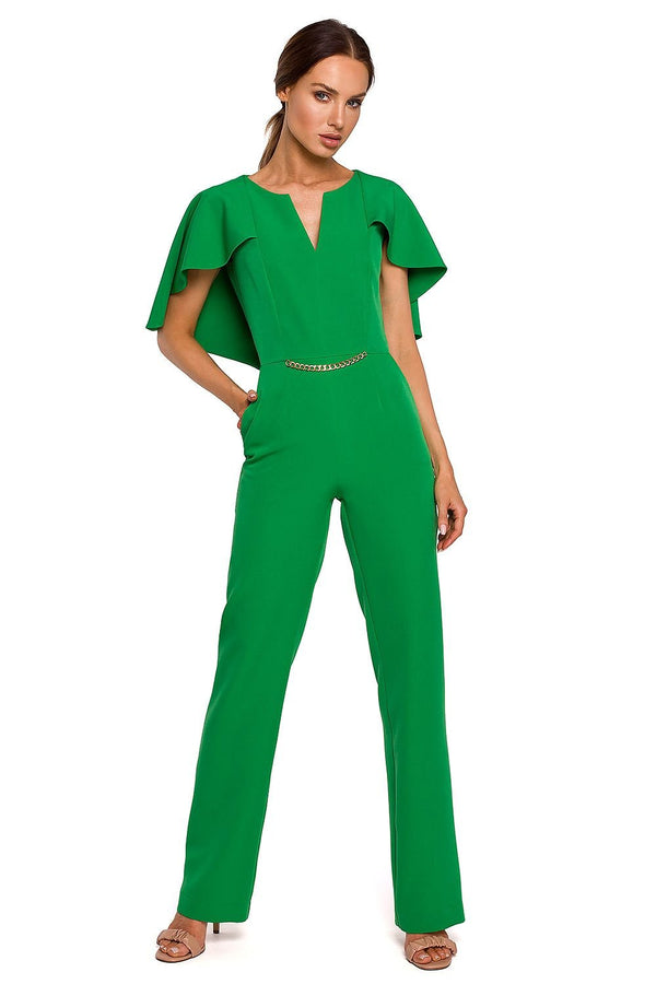 Elegant Cape Pantsuit with Chain Detail and Feminine Finish