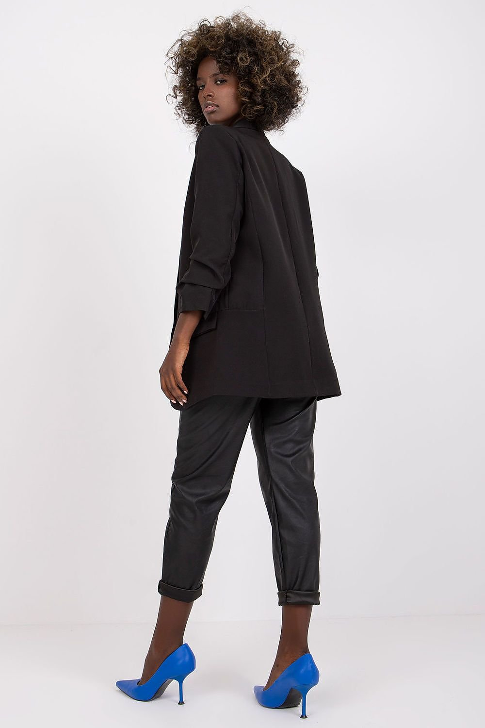 Women's 3/4 Sleeve Jacket with Shoulder Cushions and Imitation Pockets