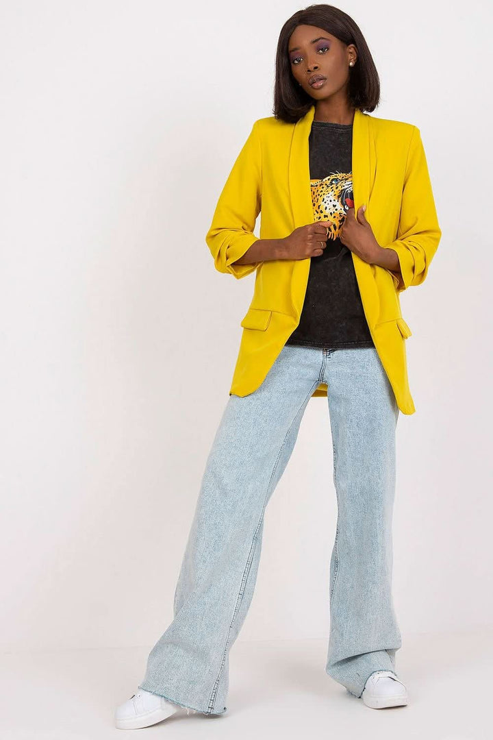 Women's 3/4 Sleeve Jacket with Shoulder Cushions and Imitation Pockets - Ludowika 