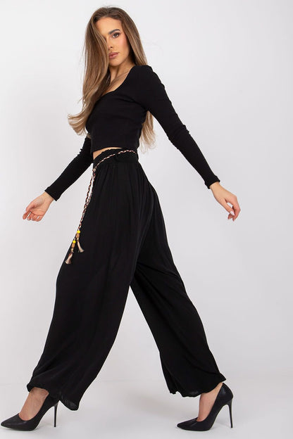 High-Waisted Viscose Pants with Elastic Waistband and Decorative Tie Belt