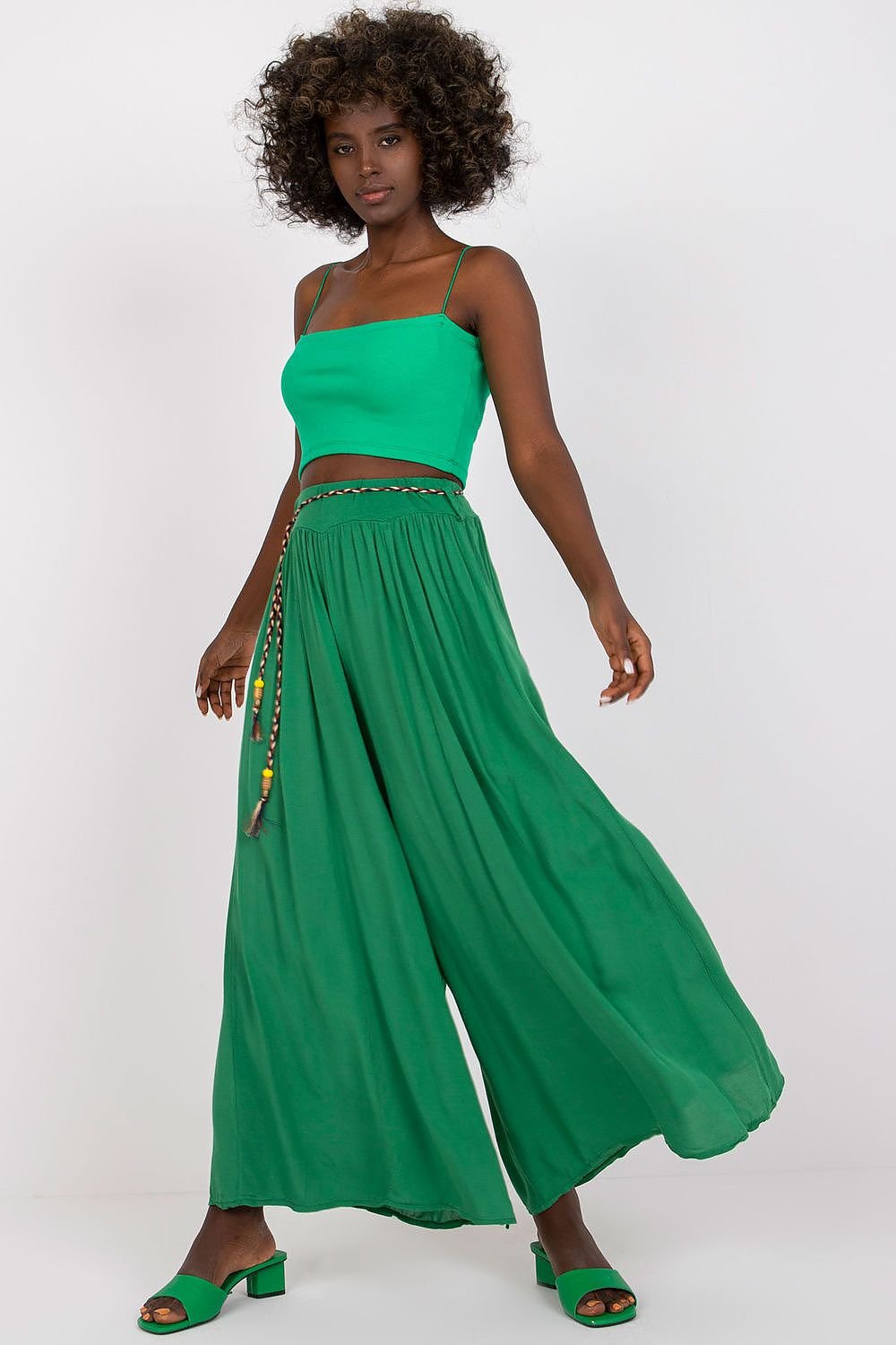 High-Waisted Viscose Pants with Elastic Waistband and Decorative Tie Belt