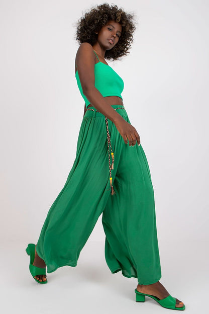 High-Waisted Viscose Pants with Elastic Waistband and Decorative Tie Belt