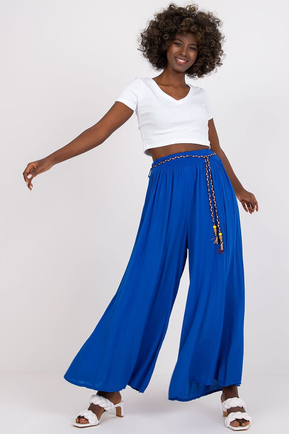 High-Waisted Viscose Pants with Elastic Waistband and Decorative Tie Belt