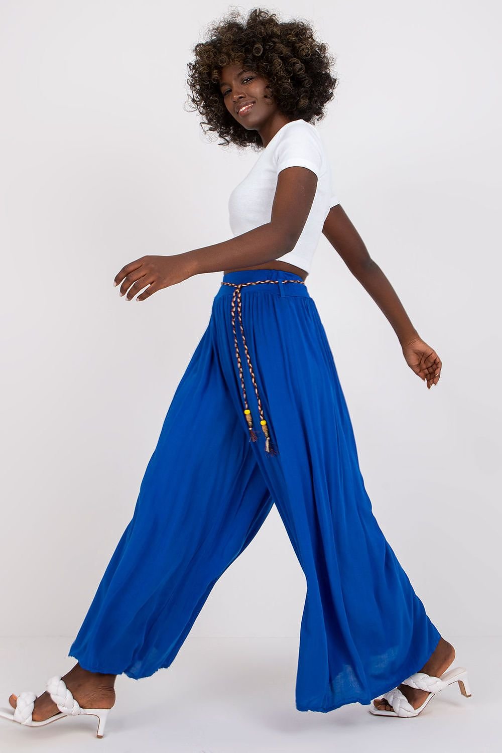 High-Waisted Viscose Pants with Elastic Waistband and Decorative Tie Belt