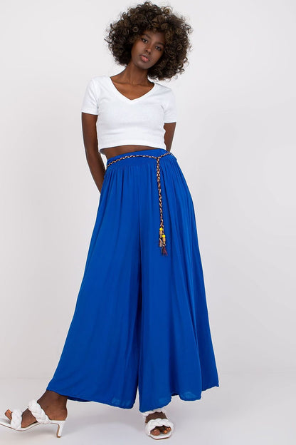 High-Waisted Viscose Pants with Elastic Waistband and Decorative Tie Belt