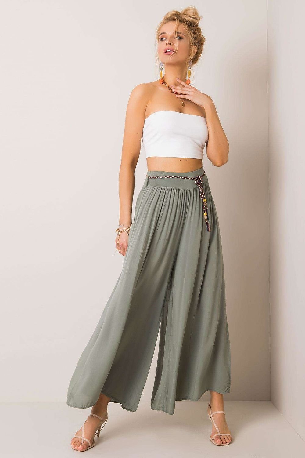 High-Waisted Viscose Pants with Elastic Waistband and Decorative Tie Belt