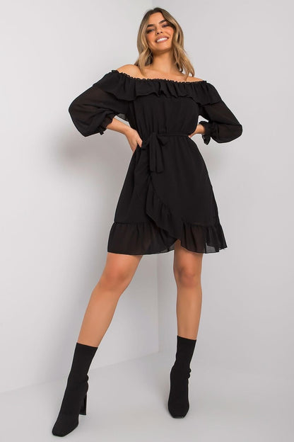 Spanish Style Long Sleeve Dress with Decorative Frills & Waist Tie - Ludowika 