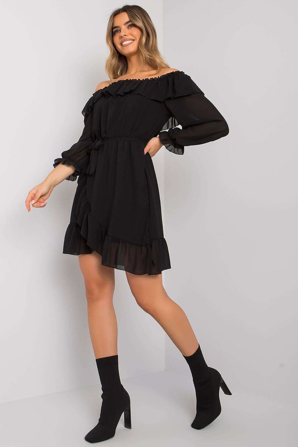 Spanish Style Long Sleeve Dress with Decorative Frills & Waist Tie - Ludowika 