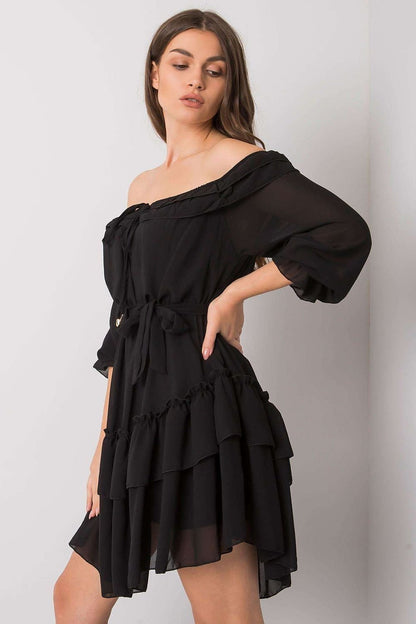 Chic Spanish-Inspired Dress with Waist Tie, Frills, and 3/4 Sleeves