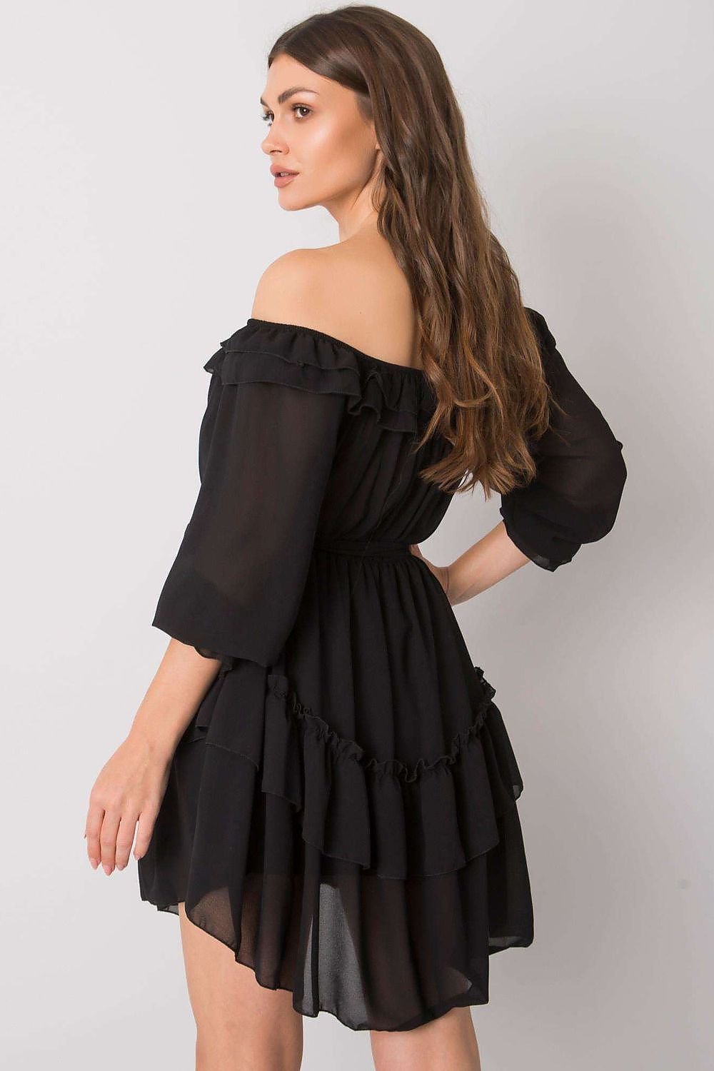 Chic Spanish-Inspired Dress with Waist Tie, Frills, and 3/4 Sleeves