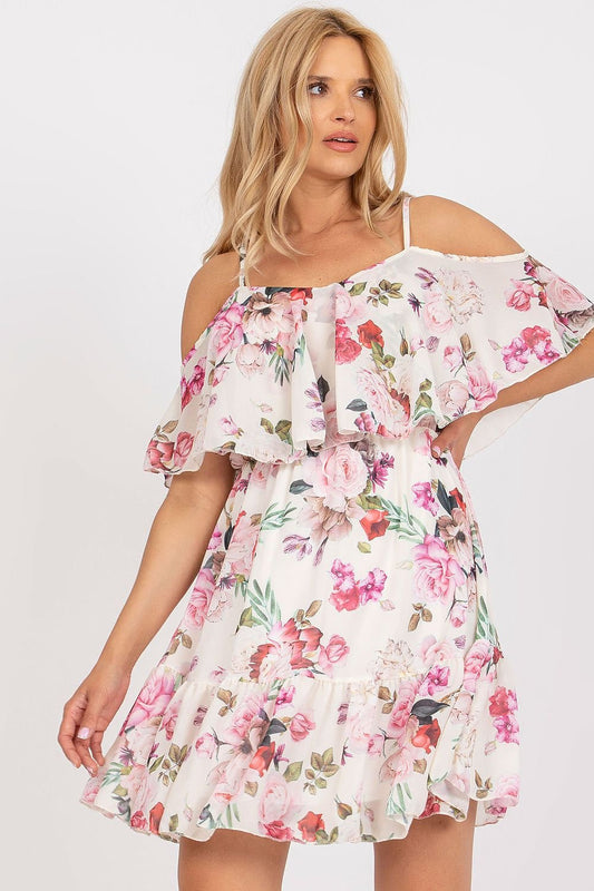 Floral Strapless Dress with Short Sleeves and Frill Detail