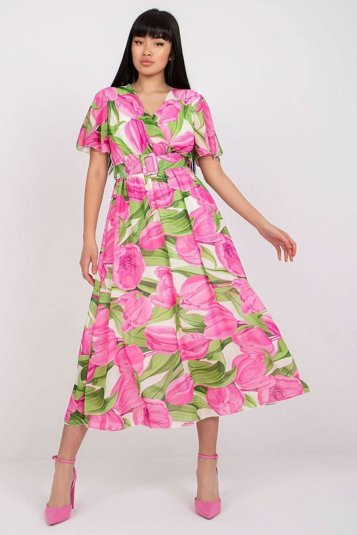 Colorful Print Flared Midi Dress with Belt - Ludowika 