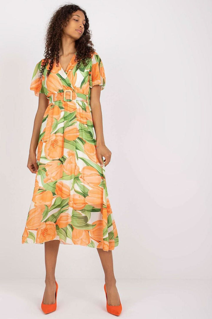 Colorful Print Flared Midi Dress with Belt - Ludowika 