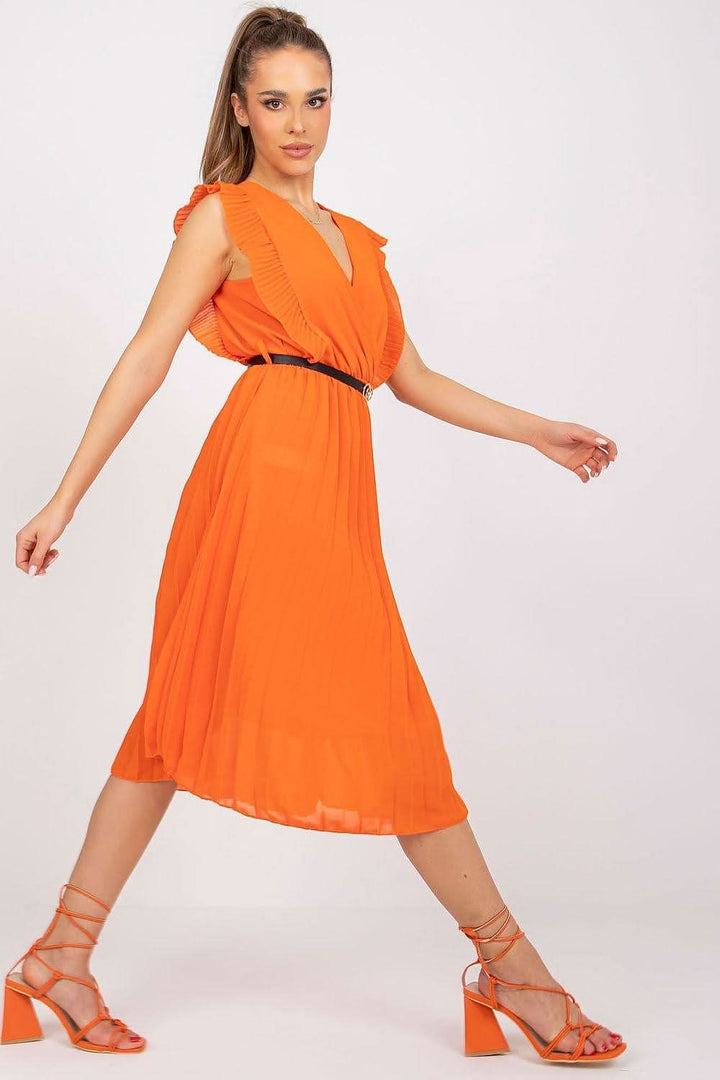 Pleated Summer Dress with Ruffle Sleeves and Waist Belt - Ludowika 