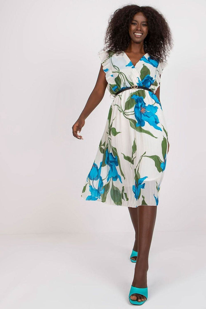 Pleated Summer Dress with Ruffle Sleeves and Waist Belt - Ludowika 