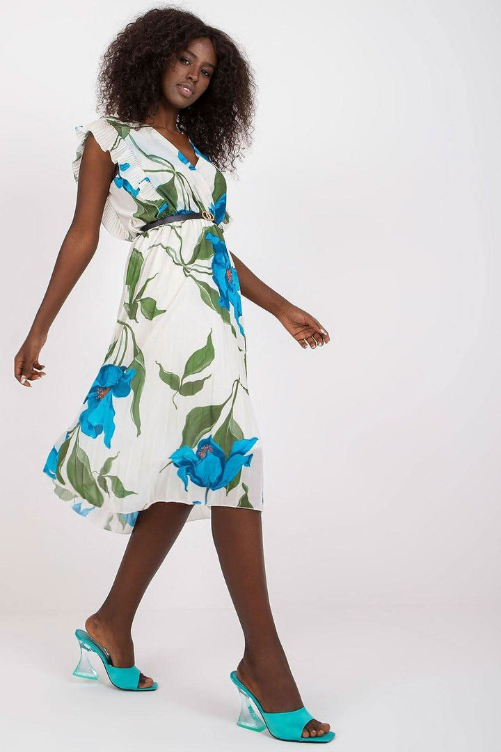 Pleated Summer Dress with Ruffle Sleeves and Waist Belt - Ludowika 