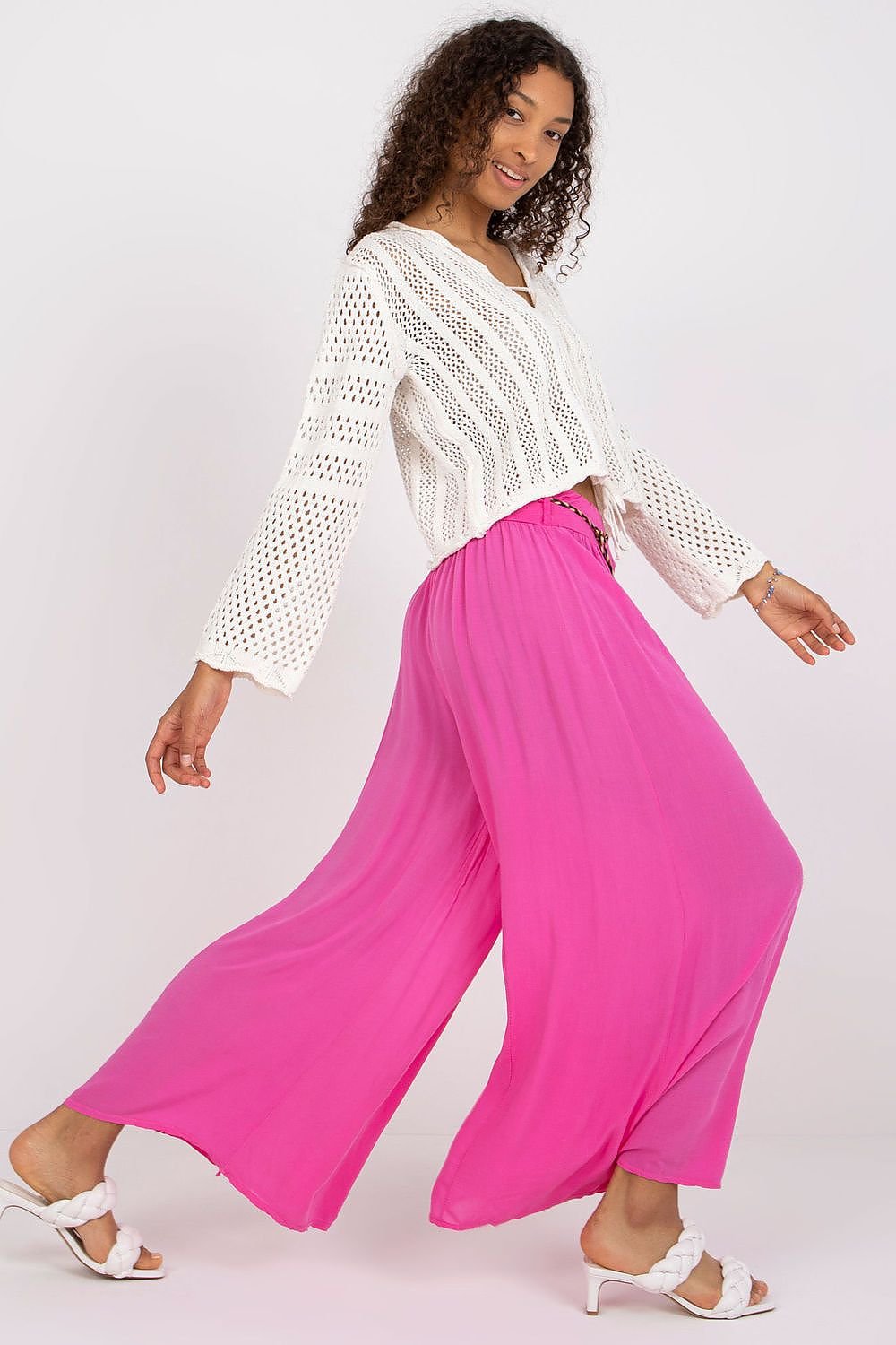 High-Waisted Viscose Pants with Elastic Waistband and Decorative Tie Belt