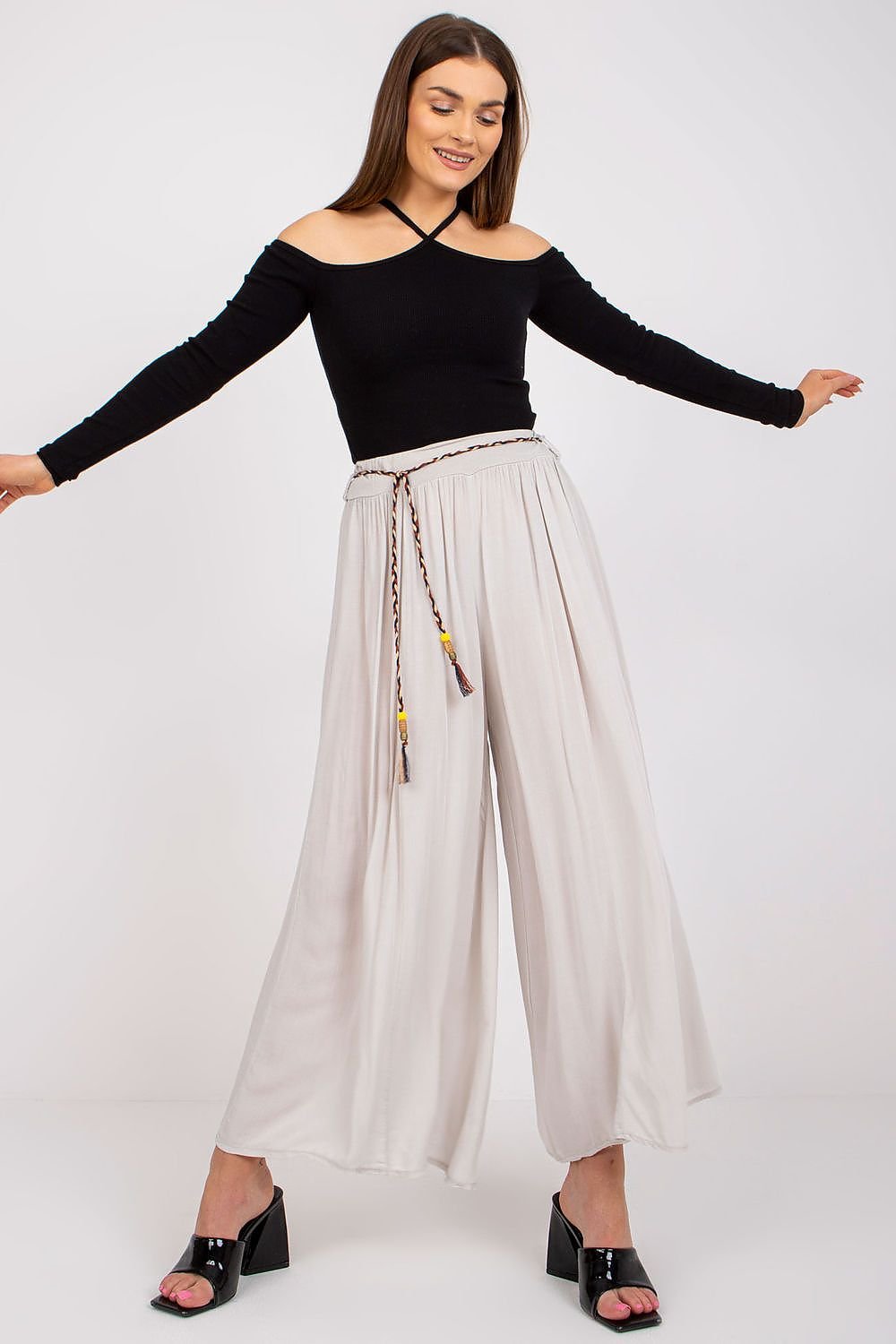 High-Waisted Viscose Pants with Elastic Waistband and Decorative Tie Belt