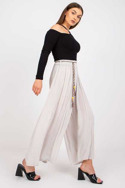 High-Waisted Viscose Pants with Elastic Waistband and Decorative Tie Belt