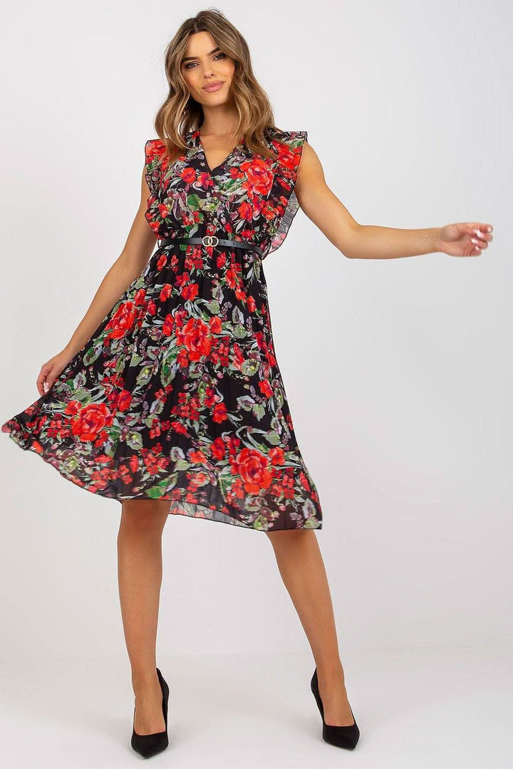 Pleated Summer Dress with Ruffle Sleeves and Waist Belt - Ludowika 
