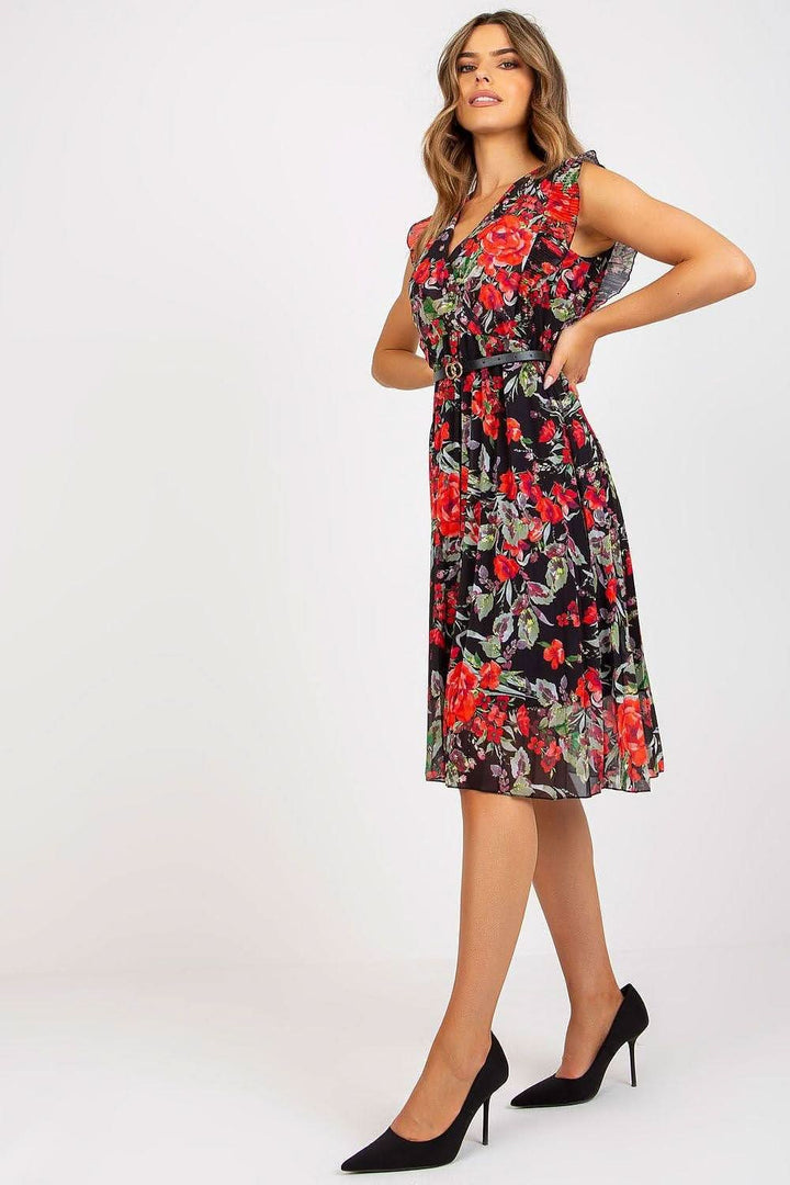 Pleated Summer Dress with Ruffle Sleeves and Waist Belt - Ludowika 