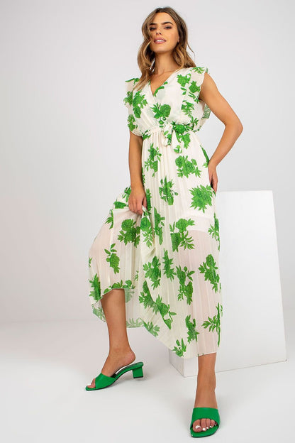 Summer Long Dress with Frilled Sleeves and Pleated Skirt