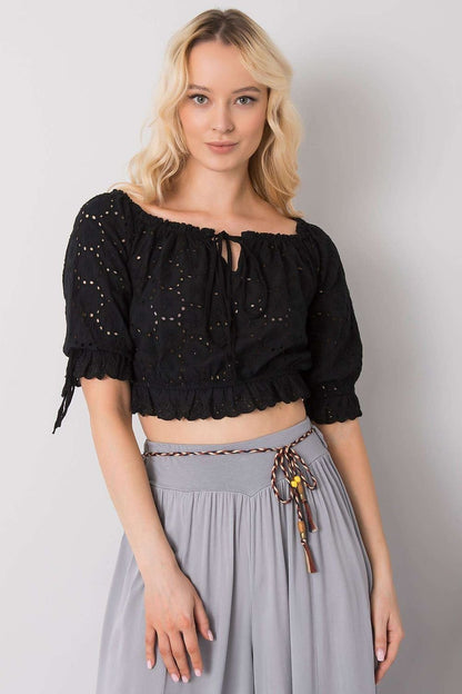 Openwork Pattern Blouse with Front and Sleeve Ties