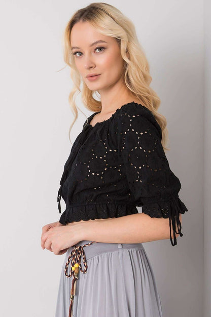 Openwork Pattern Blouse with Front and Sleeve Ties