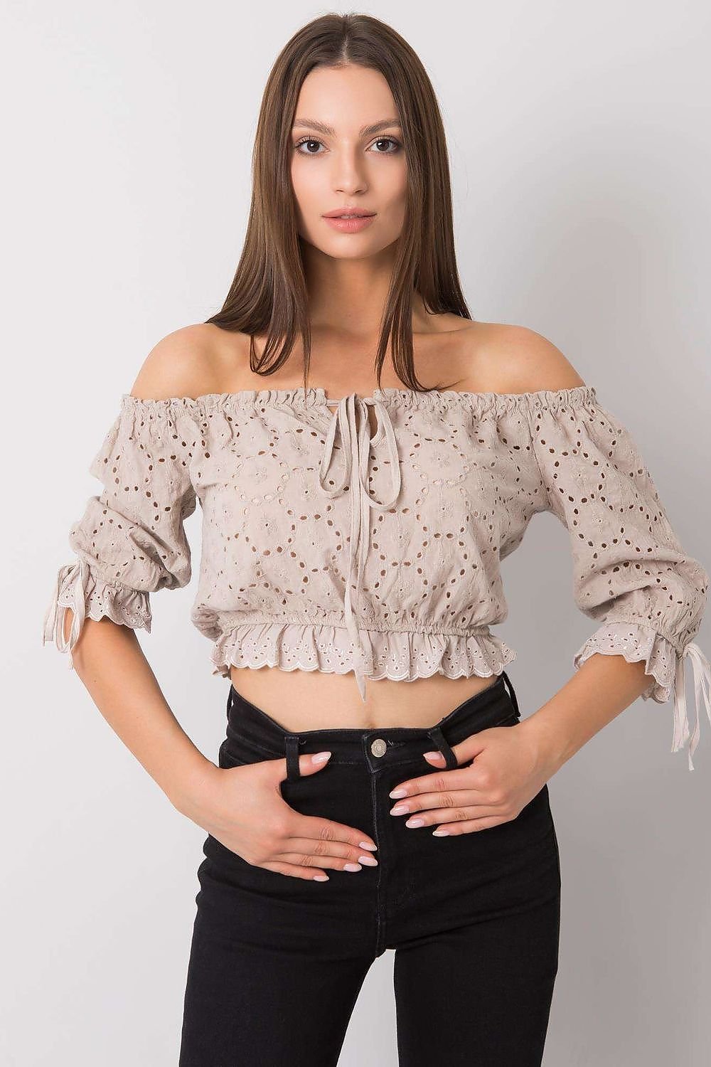 Openwork Pattern Blouse with Front and Sleeve Ties