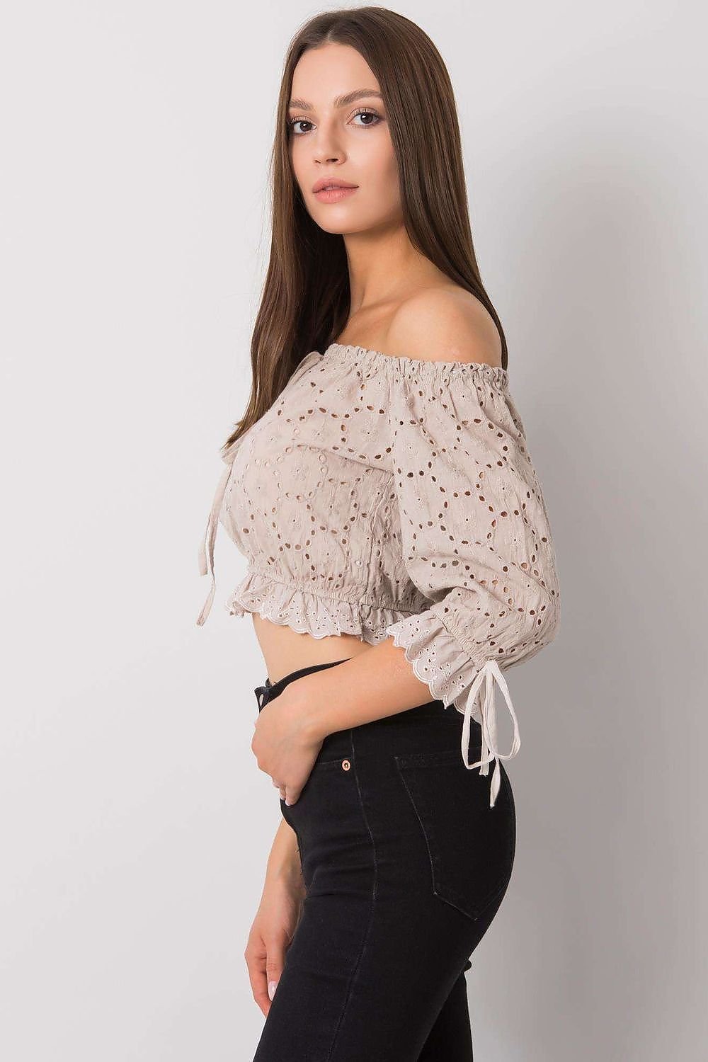 Openwork Pattern Blouse with Front and Sleeve Ties