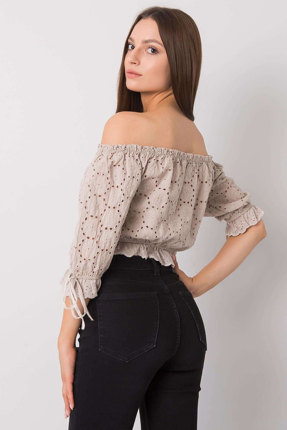 Openwork Pattern Blouse with Front and Sleeve Ties