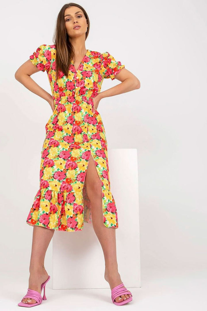 Playful Floral Summer Dress with Front Buttons and Frill - Ludowika 