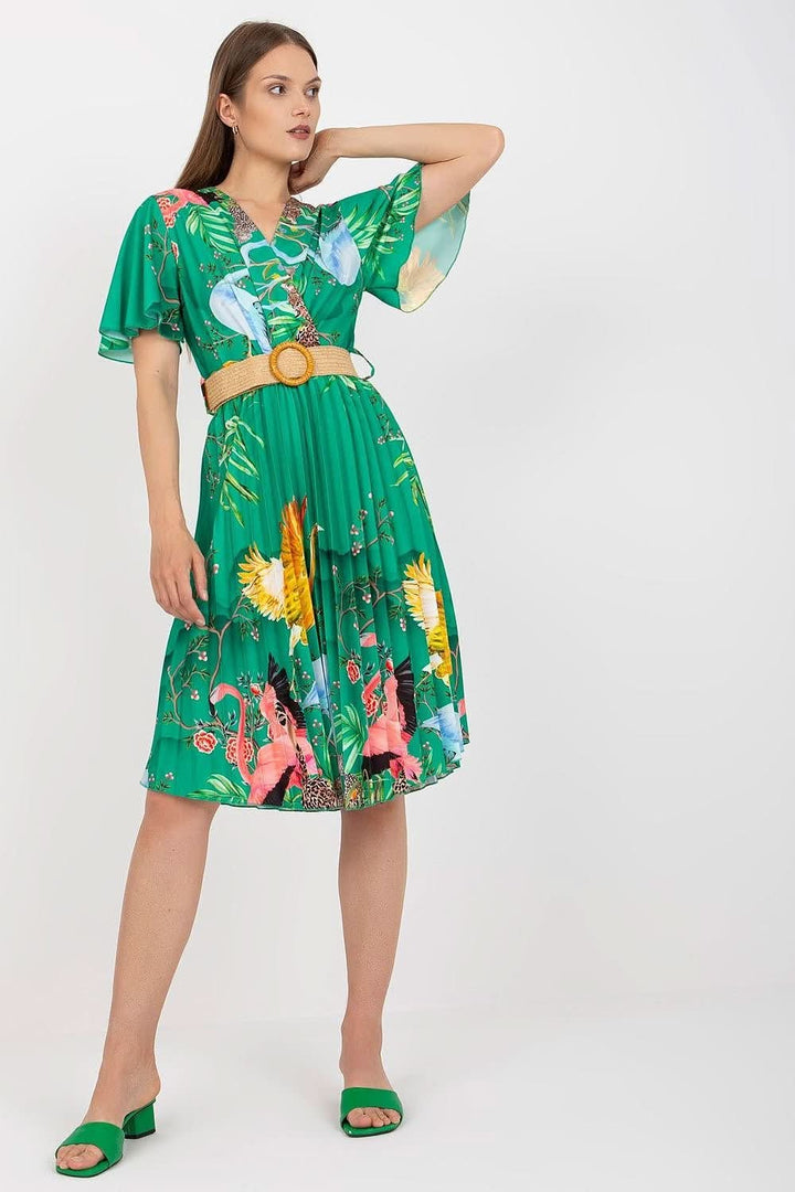 Elegant Summer Dress with Braided Belt, Pleated Bottom, and Envelope Neckline - Ludowika 