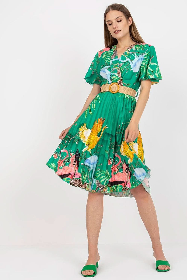 Elegant Summer Dress with Braided Belt, Pleated Bottom, and Envelope Neckline - Ludowika 