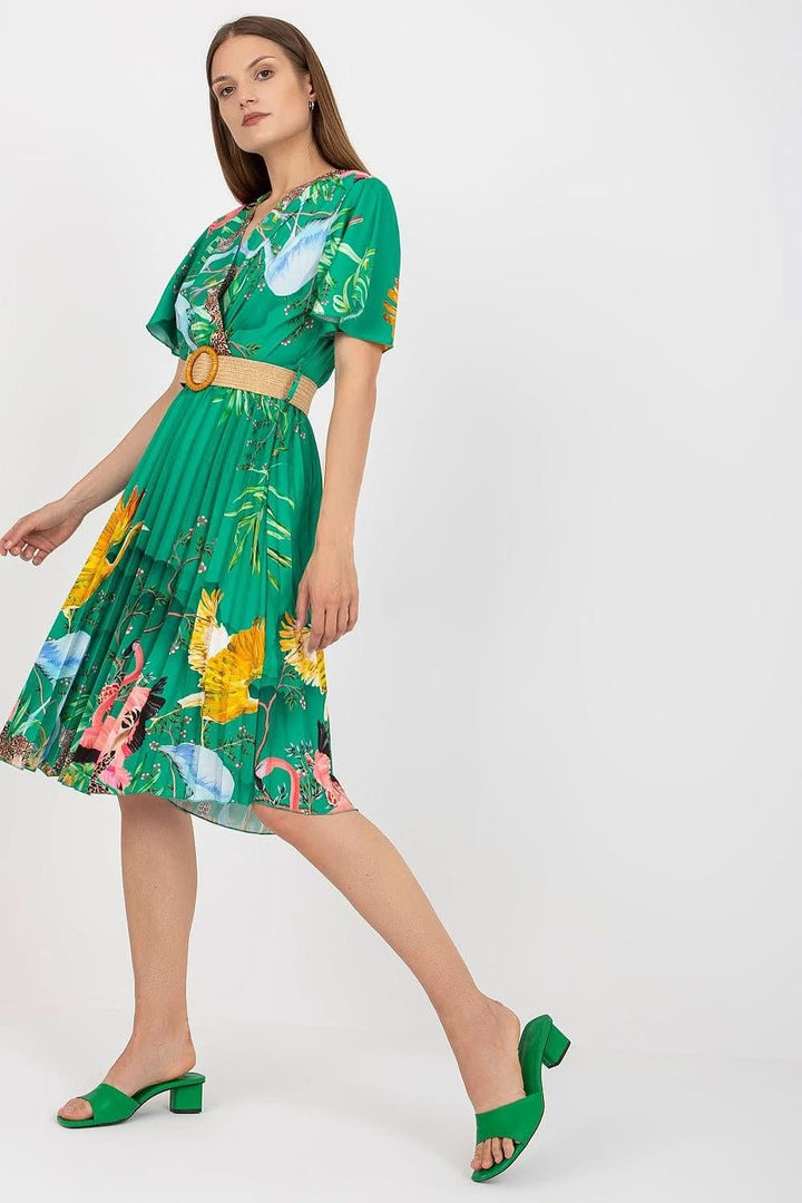 Elegant Summer Dress with Braided Belt, Pleated Bottom, and Envelope Neckline - Ludowika 