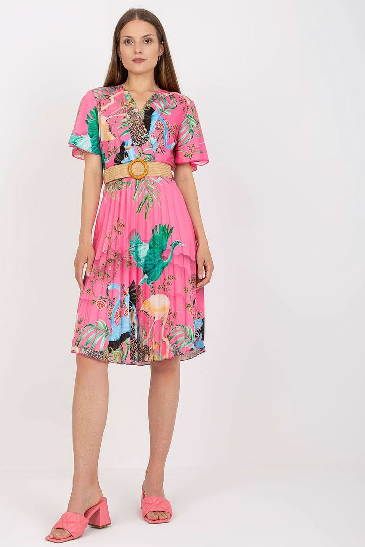 Elegant Summer Dress with Braided Belt, Pleated Bottom, and Envelope Neckline - Ludowika 