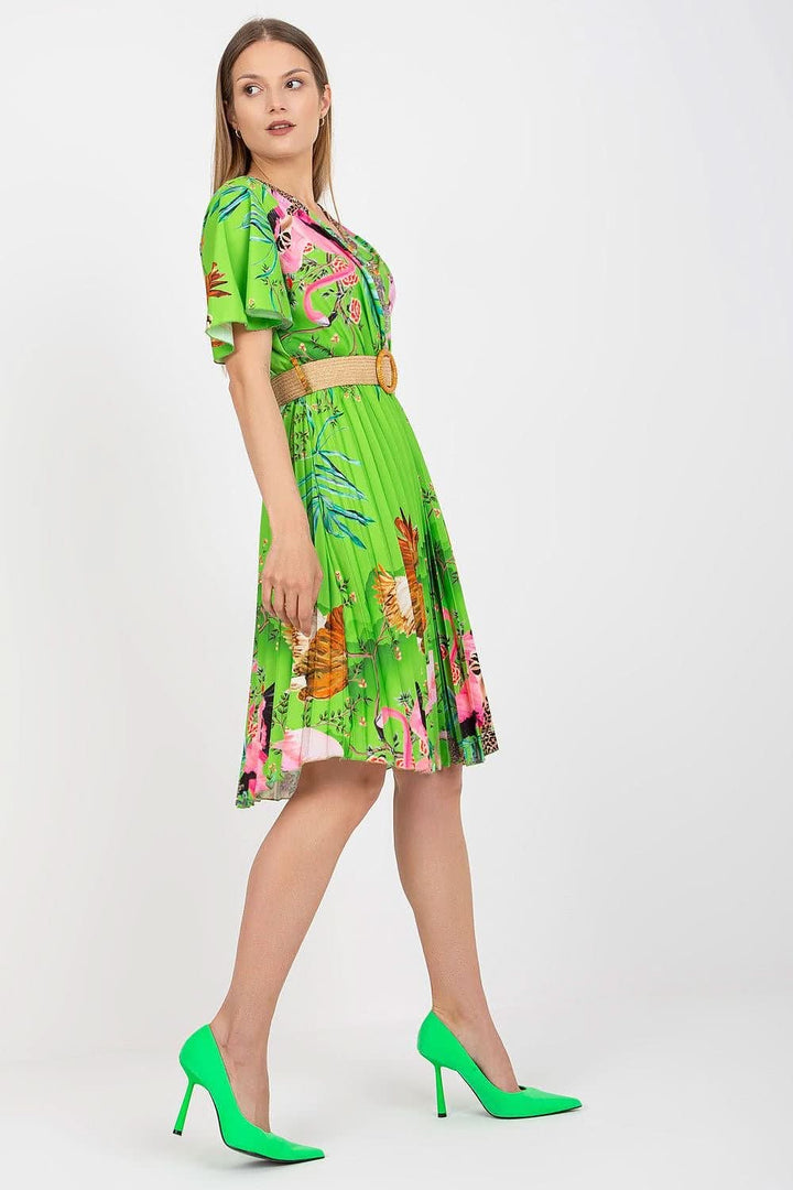 Elegant Summer Dress with Braided Belt, Pleated Bottom, and Envelope Neckline - Ludowika 