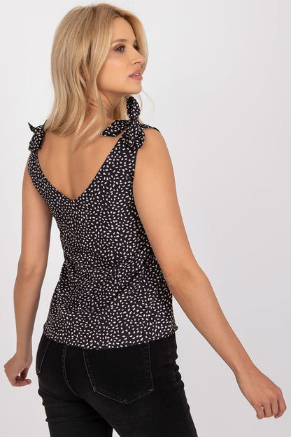 Black Sleeveless Tie-Shoulder Printed Top