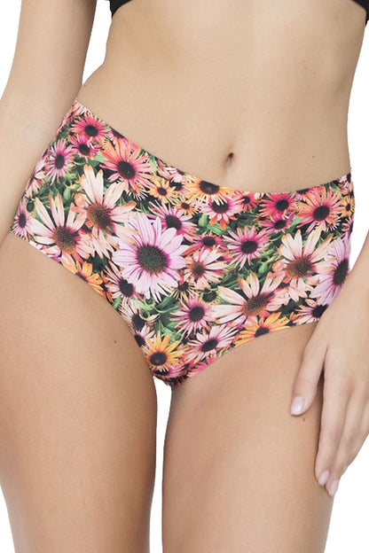 High-Waisted Bikini Bottom with Seamless Finish and Vibrant Floral Design