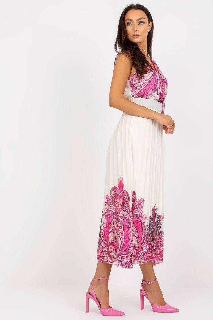 Flared Sleeveless Summer Dress with Envelope Neckline and Pleated Bottom - Ludowika 