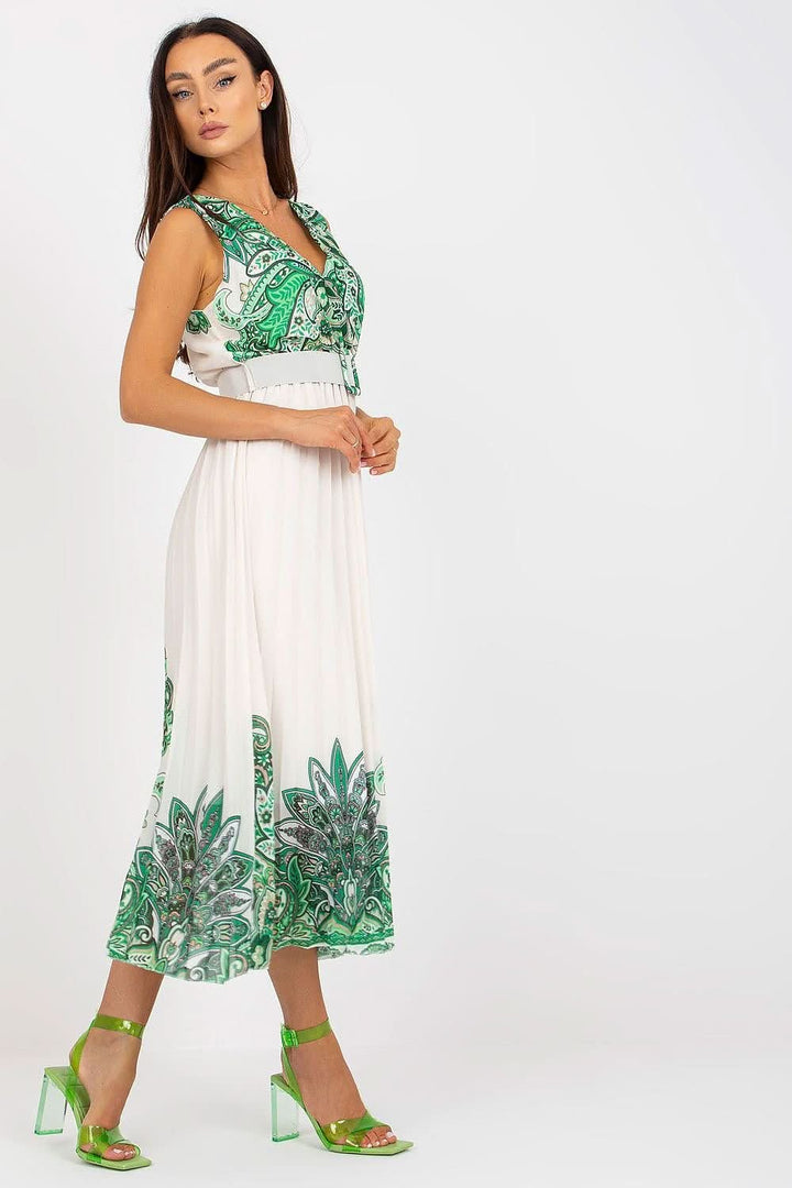 Flared Sleeveless Summer Dress with Envelope Neckline and Pleated Bottom - Ludowika 