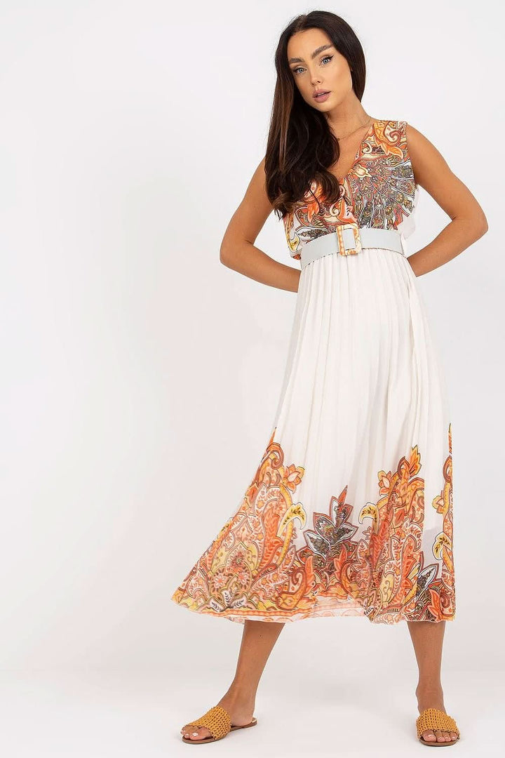 Flared Sleeveless Summer Dress with Envelope Neckline and Pleated Bottom - Ludowika 