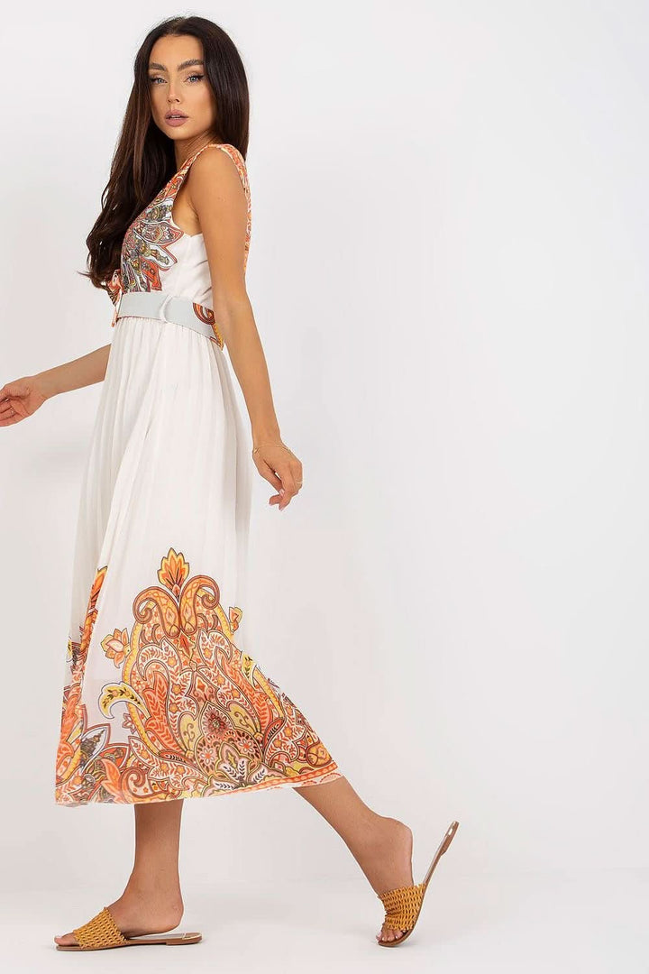 Flared Sleeveless Summer Dress with Envelope Neckline and Pleated Bottom - Ludowika 
