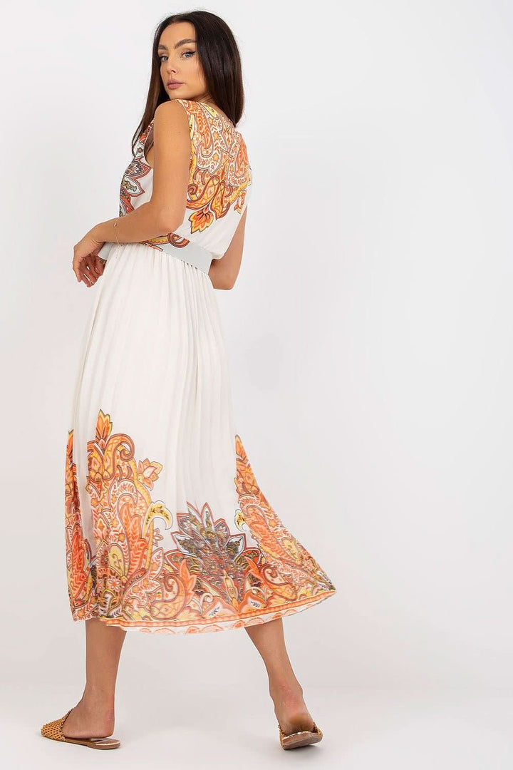 Flared Sleeveless Summer Dress with Envelope Neckline and Pleated Bottom - Ludowika 