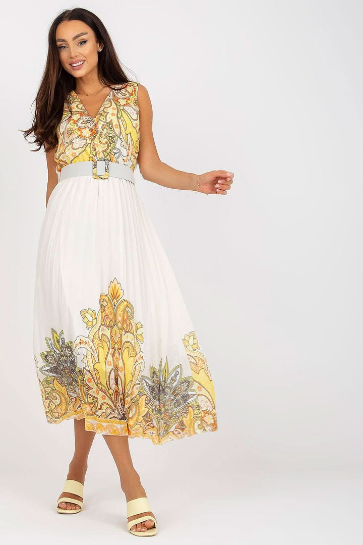 Flared Sleeveless Summer Dress with Envelope Neckline and Pleated Bottom - Ludowika 
