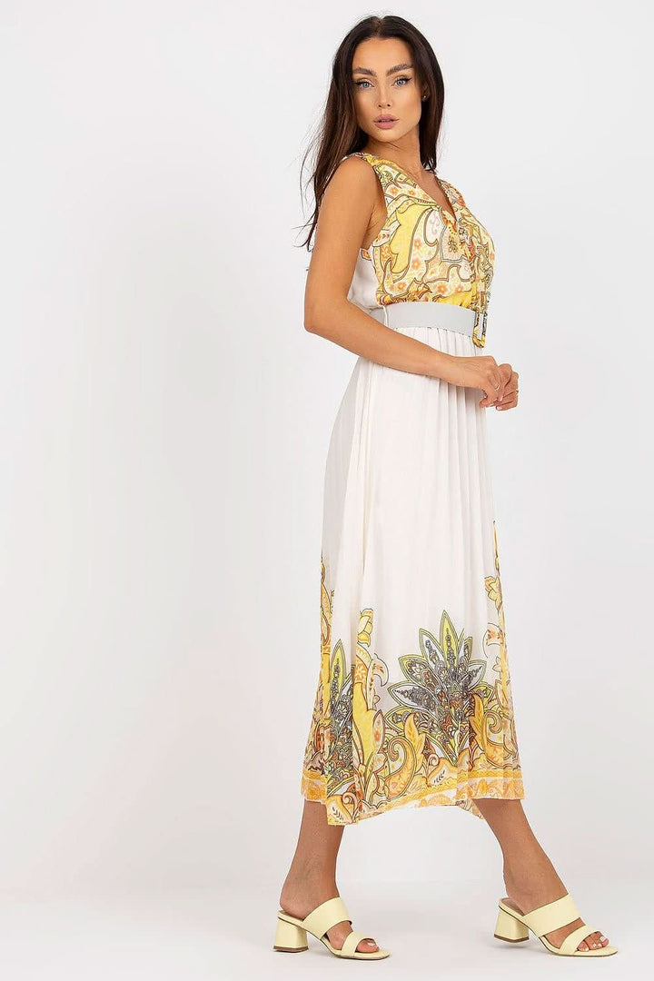 Flared Sleeveless Summer Dress with Envelope Neckline and Pleated Bottom - Ludowika 